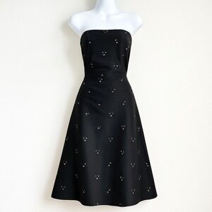 LYNN LUGO 100% Silk Black Strapless Beaded A Line Midi Dress Vintage Size 10